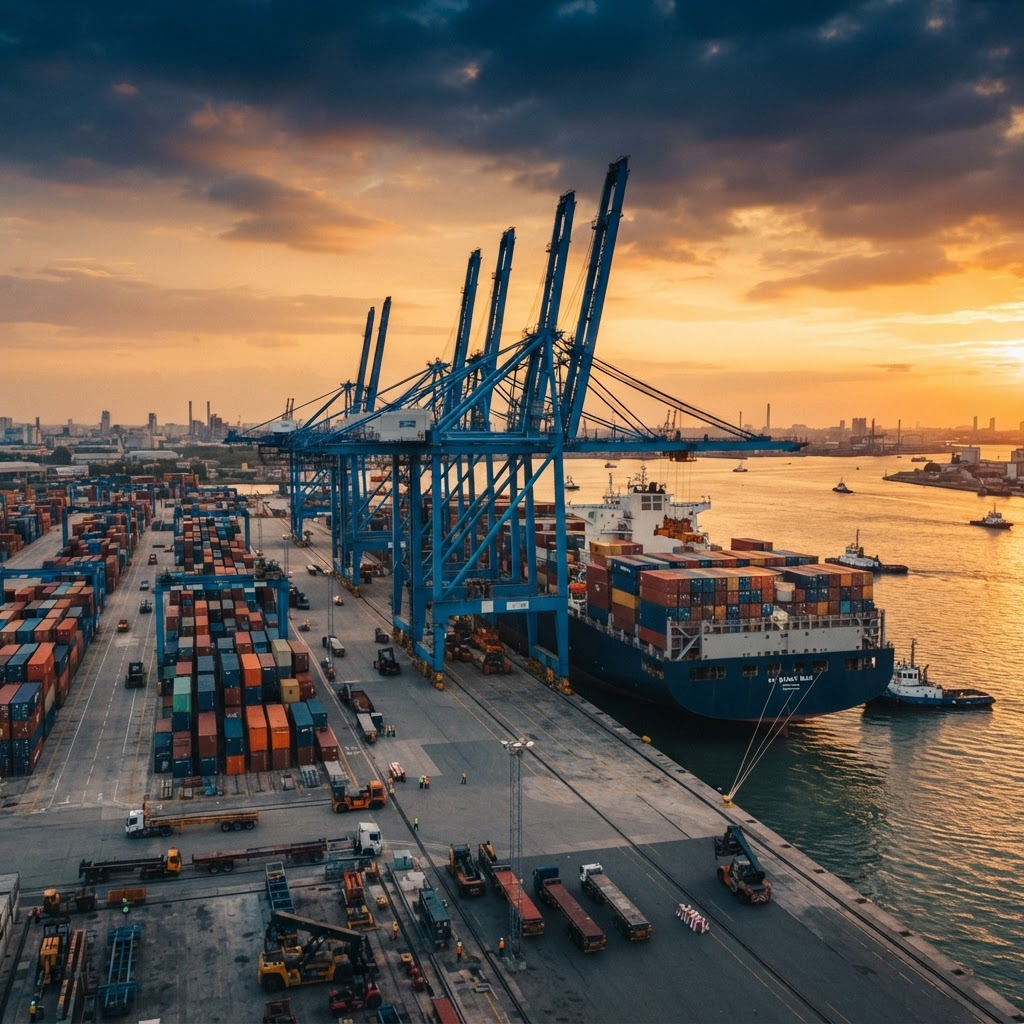 Container ship being loaded at a commercial shipping port at golden hour