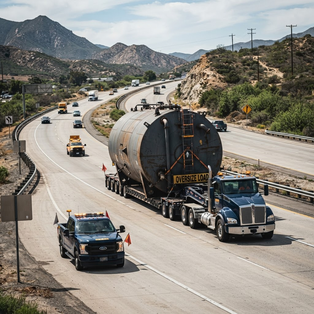 Heavy-haul flatbed truck transporting a massive industrial silo unit